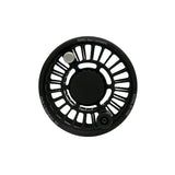 Front view of Mako 7450 freshwater reel showcasing vented spool, drag knob, and black anodized finish on white background