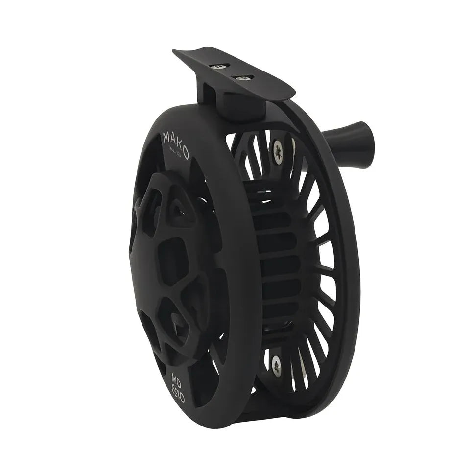 Angled side view of Mako 7450 freshwater reel showcasing black machined ported spool, single-piece frame, and handle on white background