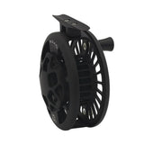 Angled side view of Mako 7450 freshwater reel showcasing black machined ported spool, single-piece frame, and handle on white background