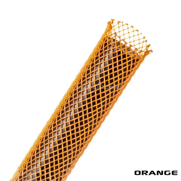 Angled close-up of Sight Cast Flexo Crab Tubing showcasing orange flexible mesh tubing on white background