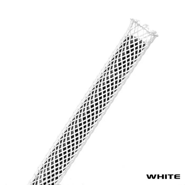 Angled close-up of Sight Cast Flexo Crab Tubing in white showing diamond mesh texture and hollow center on white background