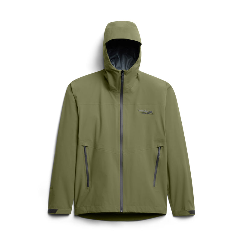 Front view of SITKA Dew Point UL jacket in pine green with hood, waterproof zipper and zip hand pockets on white