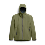 Front view of SITKA Dew Point UL jacket in pine green with hood, waterproof zipper and zip hand pockets on white