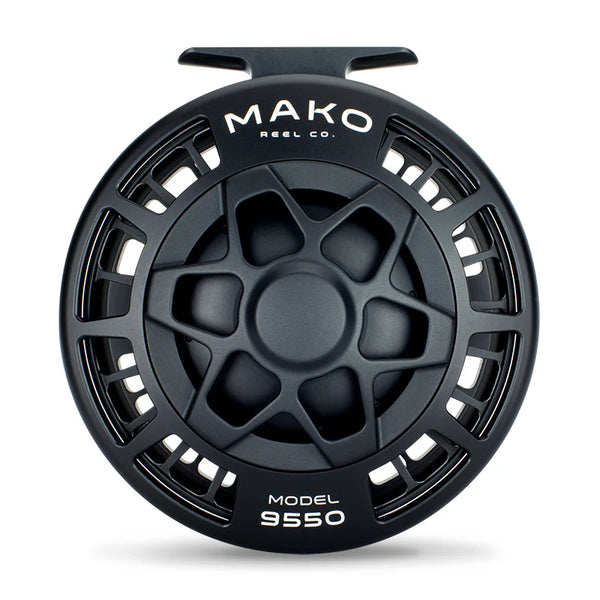 Front view of Mako 9550 fly reel (left-hand retrieve) showcasing vented spool and matte black finish on white background