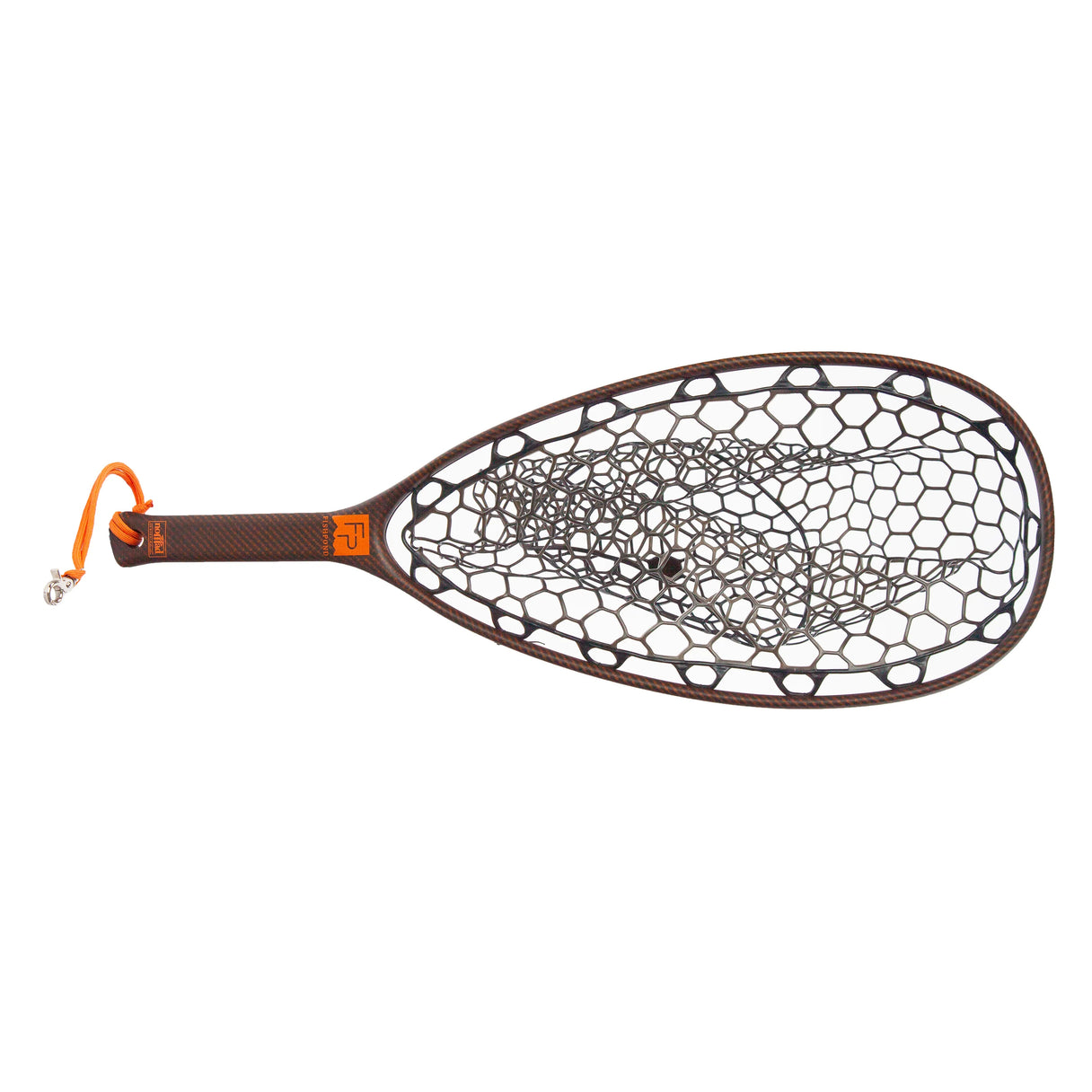 Top-down view of Fishpond Nomad Native Net with brown carbon-fiber frame, hexagonal TPU mesh, and orange lanyard on white