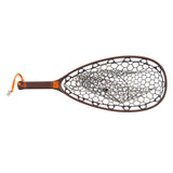 Top-down view of Fishpond Nomad Native Net with brown carbon-fiber frame, hexagonal TPU mesh, and orange lanyard on white