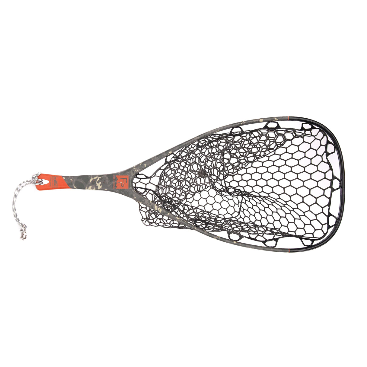 Side view of Fishpond Nomad Yampa hand net with camo composite handle, orange accent and black rubber hex net on white
