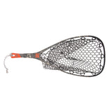 Side view of Fishpond Nomad Yampa hand net with camo composite handle, orange accent and black rubber hex net on white