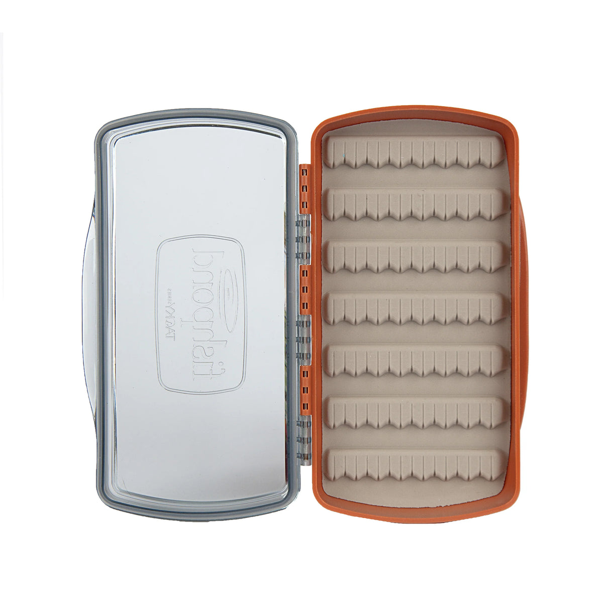 Top-down view of Fishpond Tacky Pescador medium fly box showcasing clear lid and burnt-orange case with beige dynamic foam rows on white background