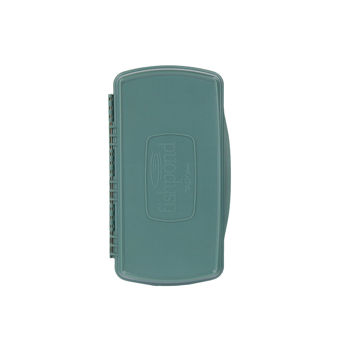 Top view of Fishpond Tacky Pescador large fly box showing smoke grey lid with embossed Fishpond logo and hinge on white background