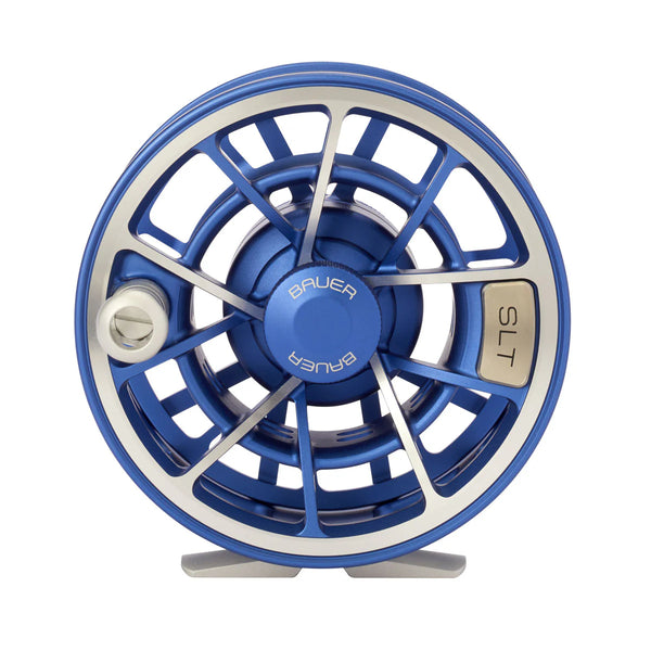 Front view of Bauer SLT fly reel showcasing large-arbor spool, SLT badge and sealed drag in blue on white background