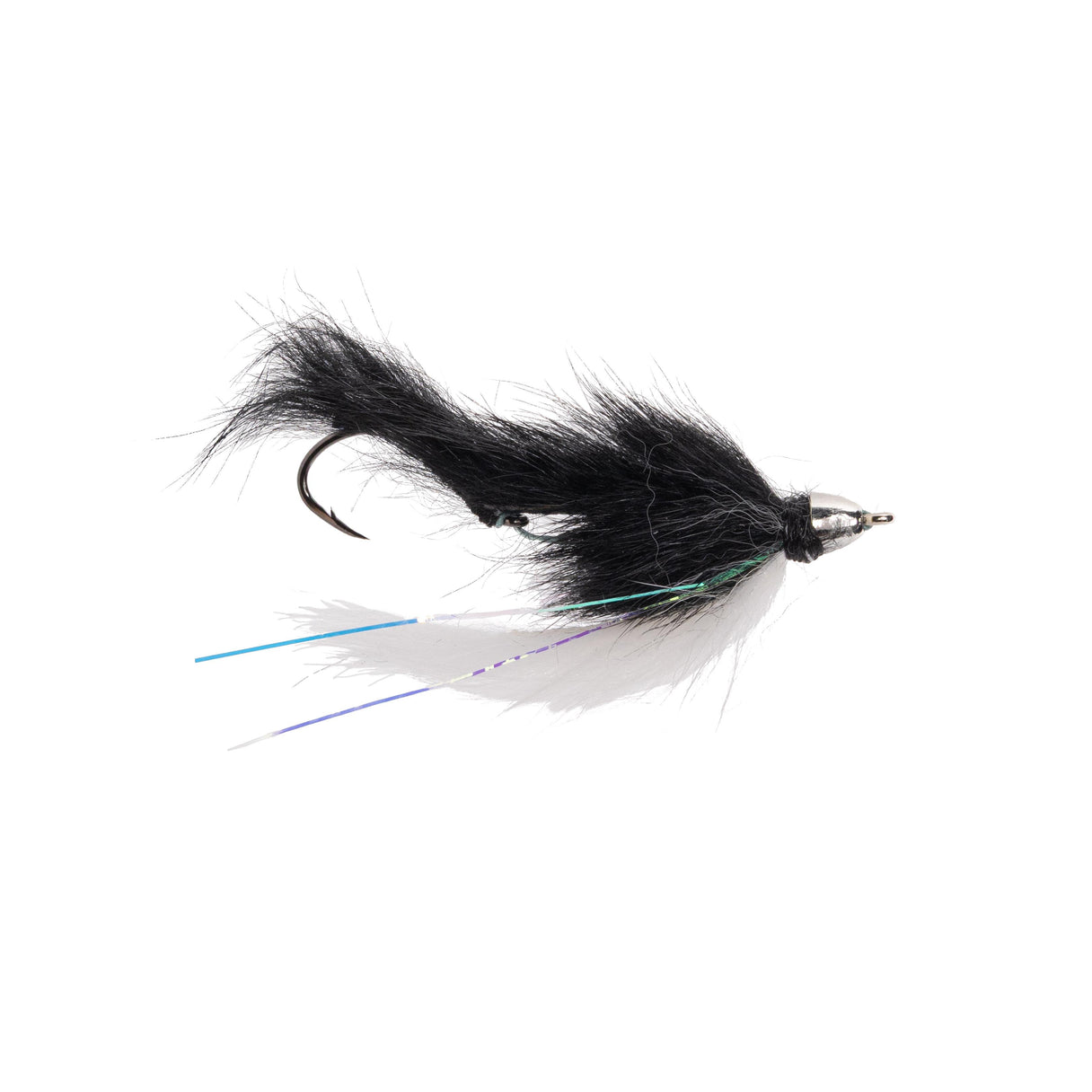 Side view of Solitude Mini Lama fly with black fur body, white underwing, silver bead head and tinsel tail on white background