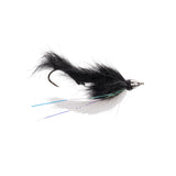 Side view of Solitude Mini Lama fly with black fur body, white underwing, silver bead head and tinsel tail on white background