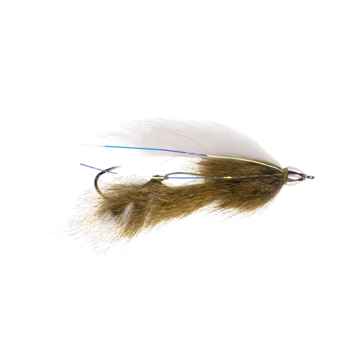Side view of Solitude Mini Lama fly with olive fur body, white wing, silver cone head and two hooks on white background