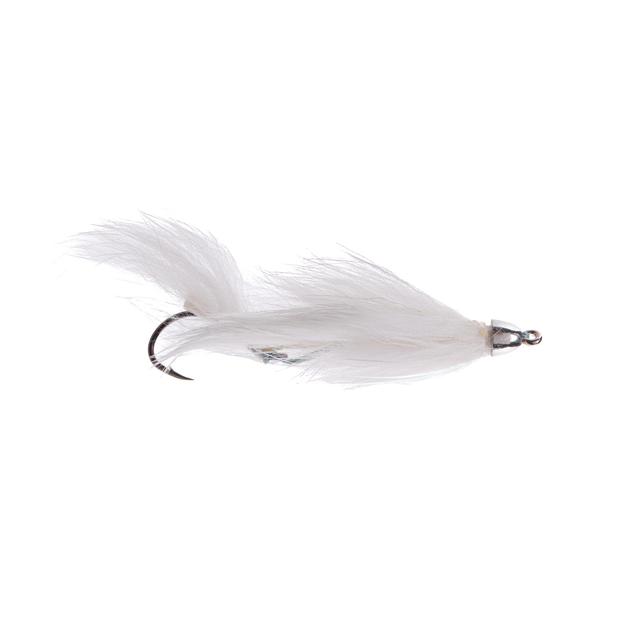 Side view of Solitude Mini Lama fly with white marabou body, silver cone head, and single hook on white background