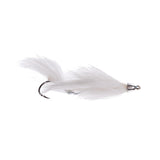 Side view of Solitude Mini Lama fly with white marabou body, silver cone head, and single hook on white background