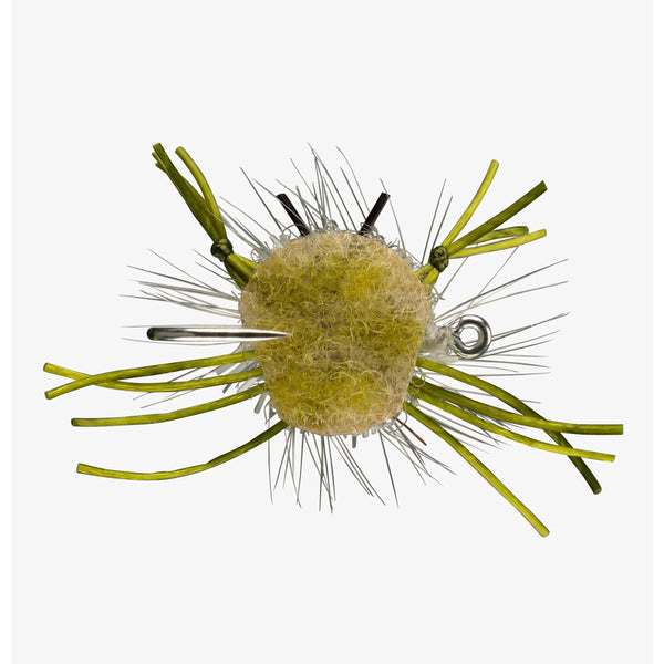 Top view of RIO's Prize Fighter heavyweight fly showing olive foam body, rubber legs and exposed hook on white background