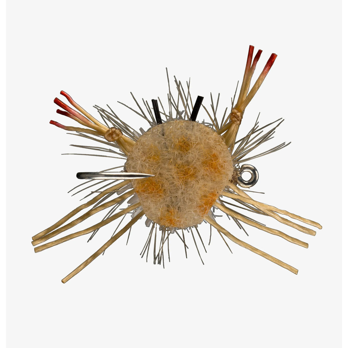 Top view of RIO's Prize Fighter heavyweight fly with tan foam body, rubber legs, hackle fibers and exposed hook