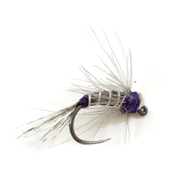 Side view of YFG's Energizer purple fly showing purple bead head, ribbed body, soft hackle and hook on white background