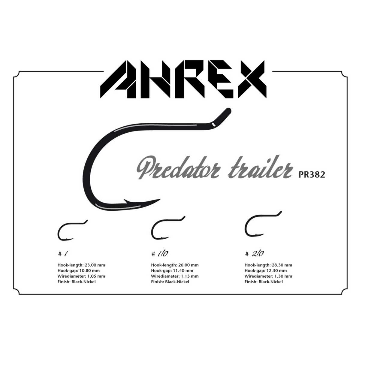 Diagram showing Ahrex PR382 Predator trailer hooks with three size profiles and measurements: hook length, gap, wire diameter, black-nickel finish