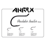 Diagram showing Ahrex PR382 Predator trailer hooks with three size profiles and measurements: hook length, gap, wire diameter, black-nickel finish