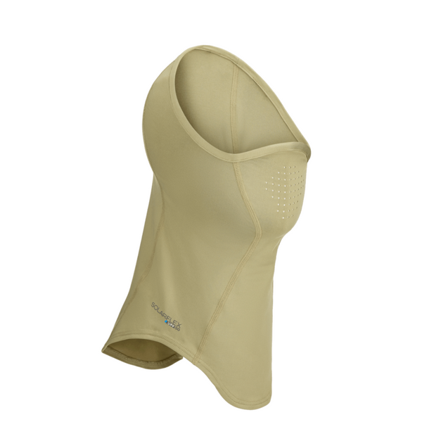 Angled front view of Simms SunGaiter in pale pine showing vented nose panel, full neck and face coverage on white background