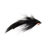 Side view of Sculpin Slider fly, size 4, showing long black rabbit zonker tail and red and white eye on white background