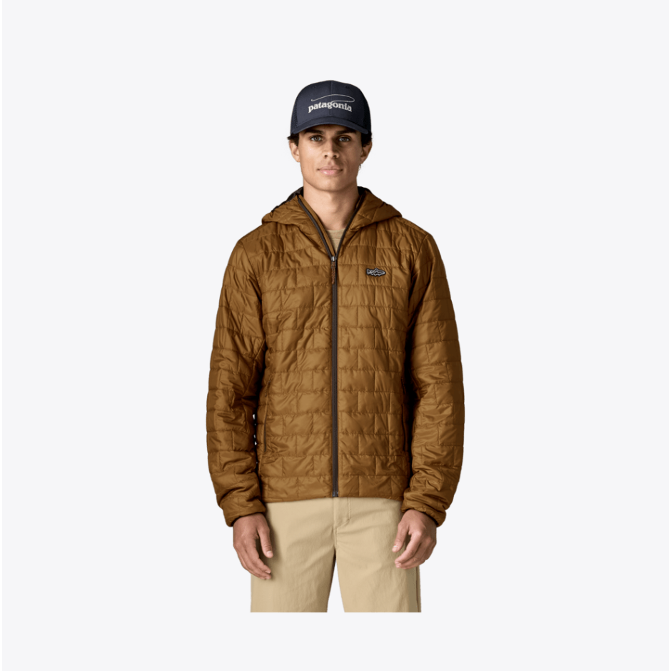 Front view of Patagonia Nano Puff Hoody in Otter Brown showing brick quilting, hood and zip pockets on light background