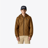 Front view of Patagonia Nano Puff Hoody in Otter Brown showing brick quilting, hood and zip pockets on light background