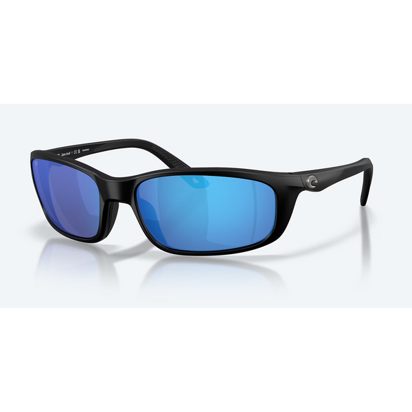 Three-quarter view of Brine II sunglasses showing narrow matte black frame and blue mirror lenses on light gray background