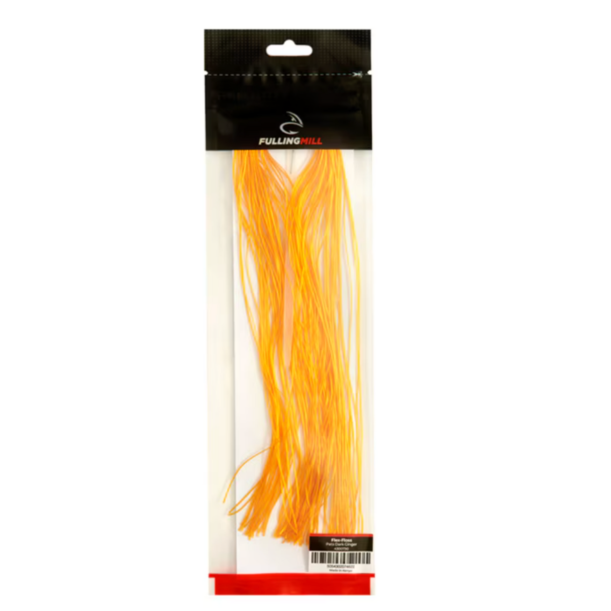 Front view of Fulling Mill Flex-Floss showing orange stretchable floss strands for fly tying in clear hanging package