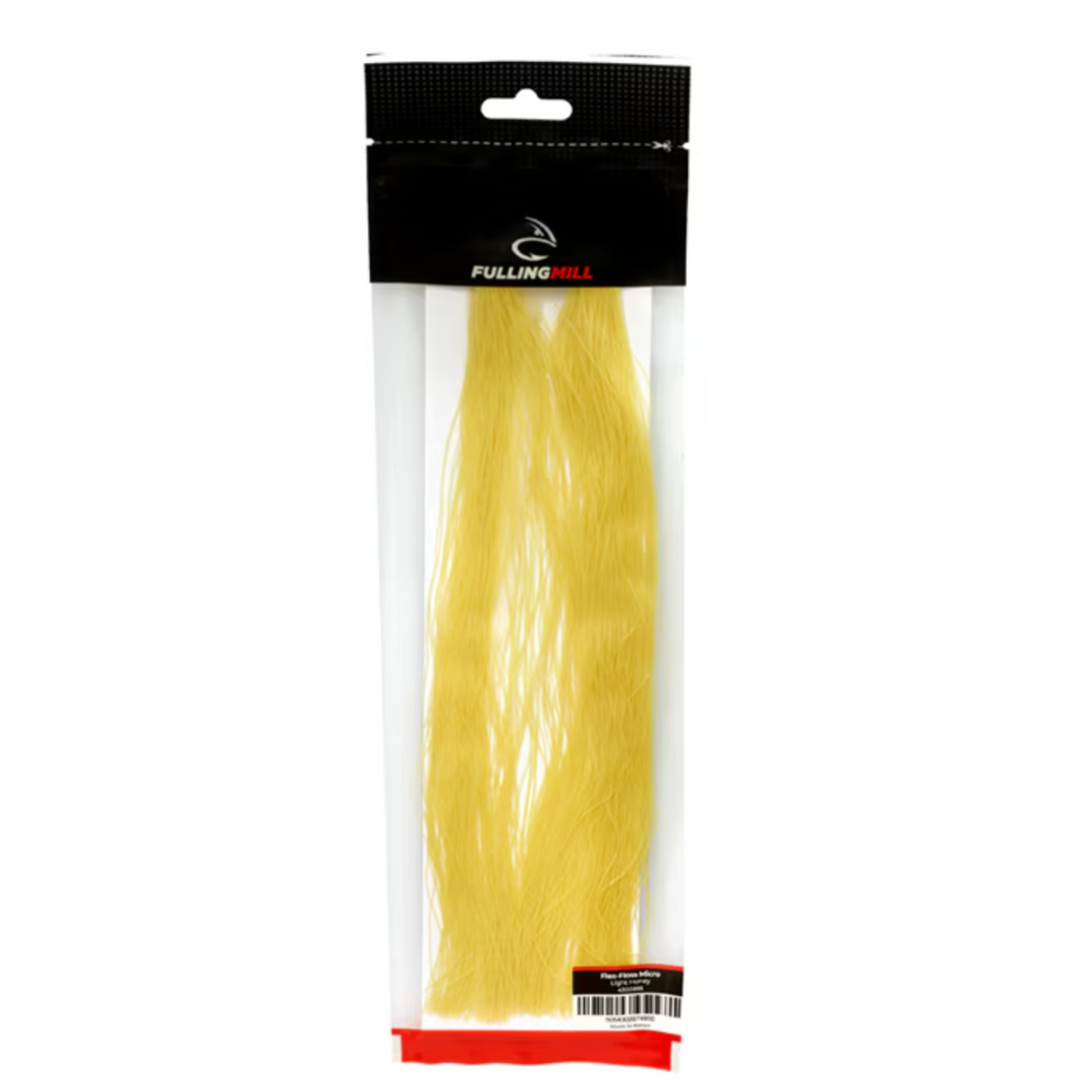 Front view of Fulling Mill Flex-Floss pack showing yellow stretchable floss strands in clear plastic packaging