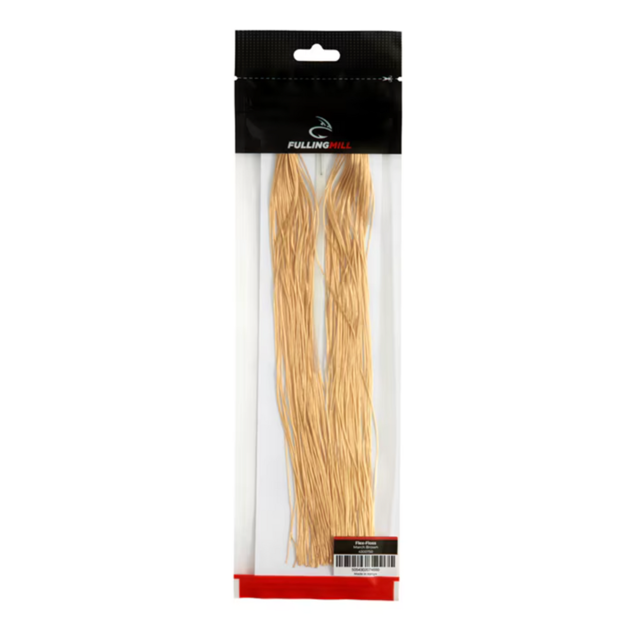 Front view of Fulling Mill Flex-Floss fly-tying floss in light honey showing stretchable elastic strands in clear hanging package