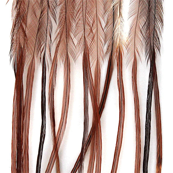 Close-up of MFC Whiting 100 Pack showcasing long saddle hackle feathers against a white background