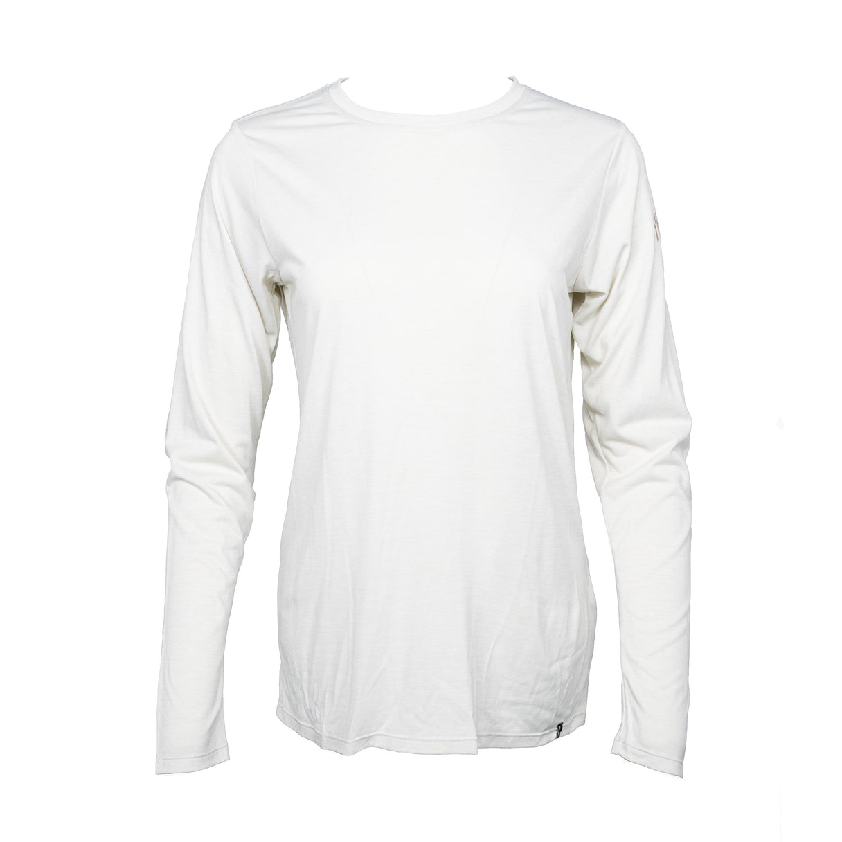 Front view of Patagonia women's Cap Cool Daily long-sleeve shirt, white, showing small YD logo on hem on white background