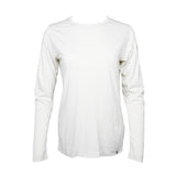 Front view of Patagonia women's Cap Cool Daily long-sleeve shirt, white, showing small YD logo on hem on white background