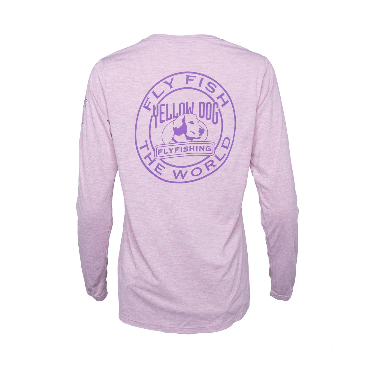 Back view of Patagonia women's Cap Cool Daily shirt showcasing large Yellow Dog Flyfishing logo on a white background