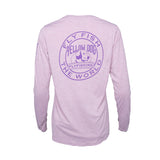 Back view of Patagonia women's Cap Cool Daily shirt showcasing large Yellow Dog Flyfishing logo on a white background