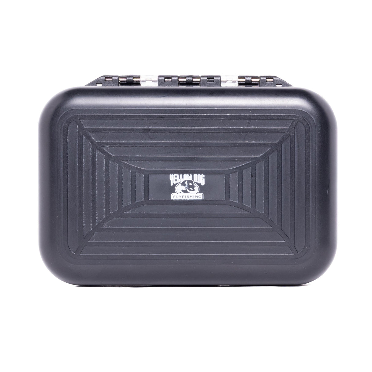 Front view of Yellow Dog lightweight fly box, closed with swingleaf hinge and textured black lid showing Yellow Dog logo on white background