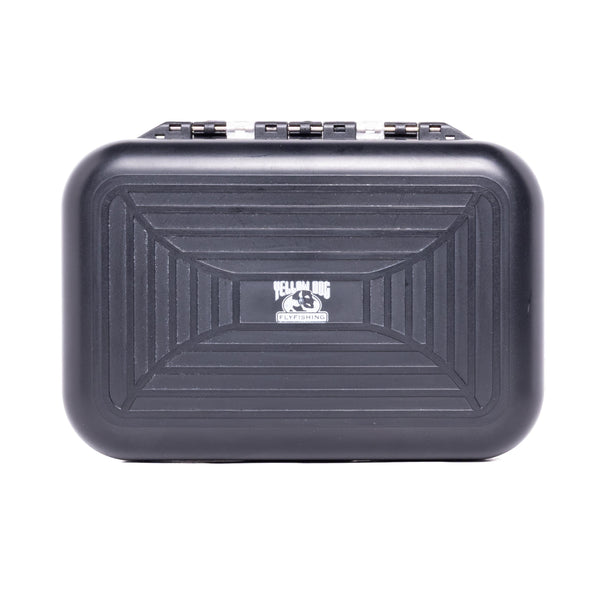 Front view of Yellow Dog lightweight fly box, closed with swingleaf hinge and textured black lid showing Yellow Dog logo on white background