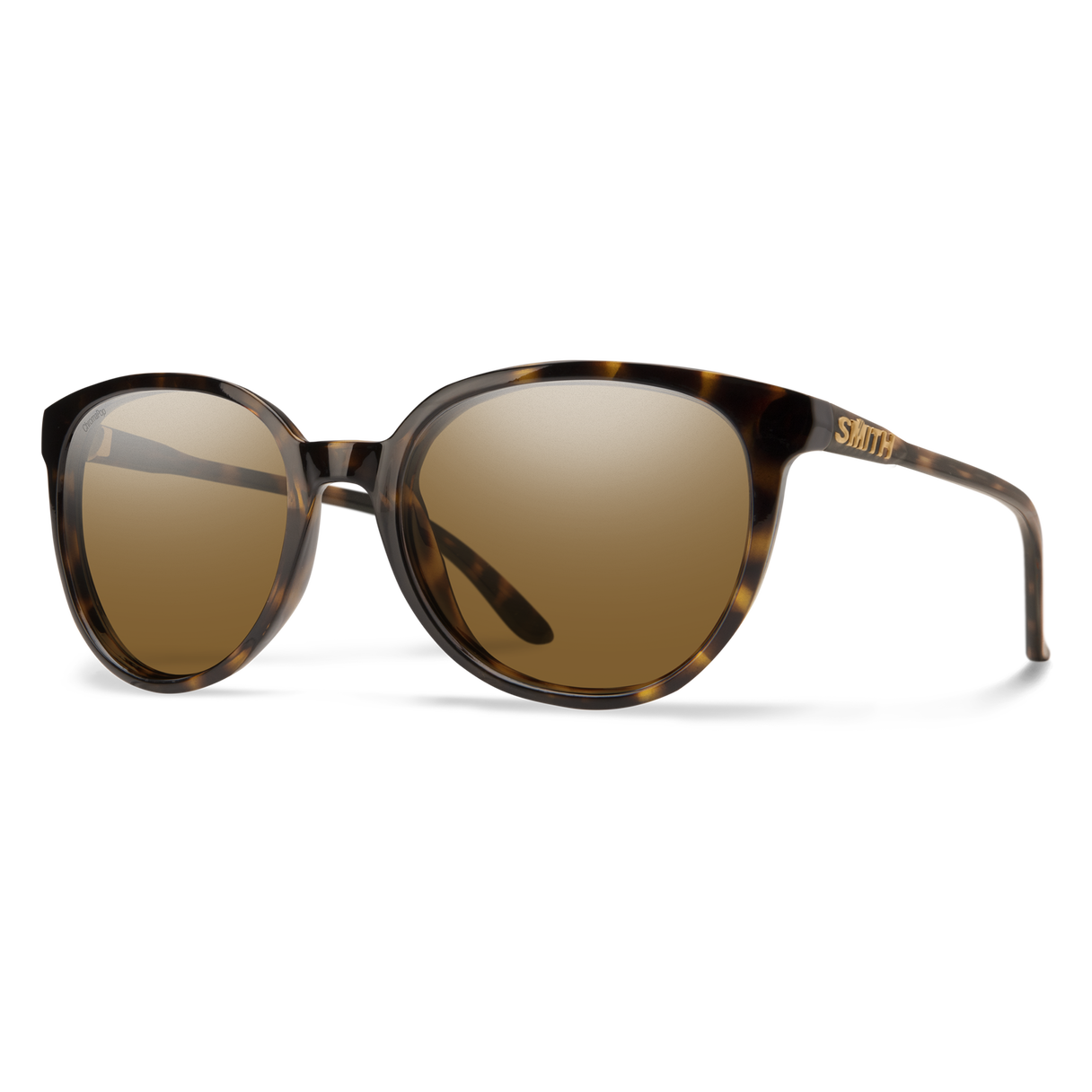 Three-quarter view of Smith Cheetah sunglasses with tortoise frame and ChromaPop polarized brown lenses on transparent background