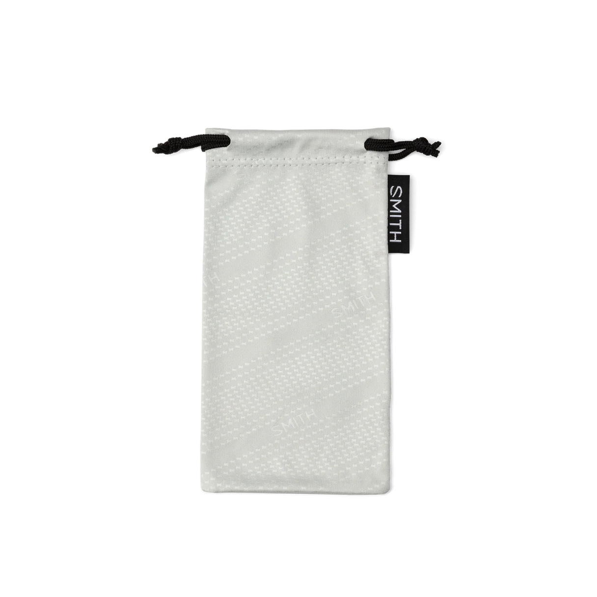Front view of white Smith microfiber drawstring sunglass pouch showing black Smith tag and textured diagonal pattern on black background