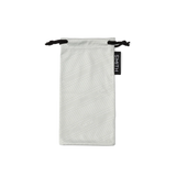 Front view of white Smith microfiber drawstring sunglass pouch showing black Smith tag and textured diagonal pattern on black background
