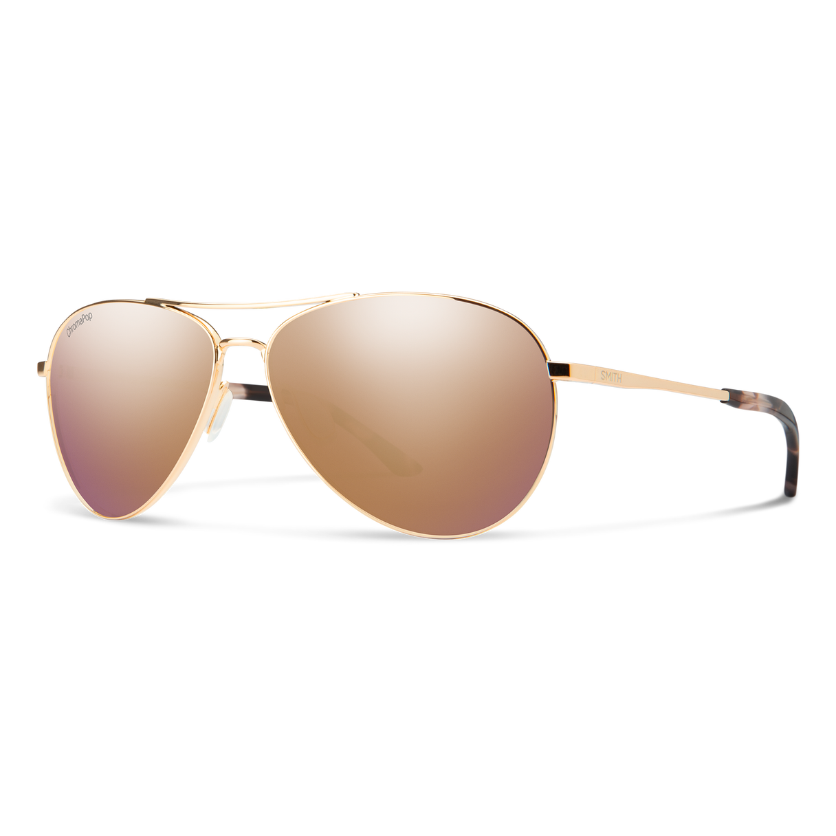 Three-quarter view of Smith Langley 2 sunglasses with rose gold frame and mirrored ChromaPop lenses on isolated background