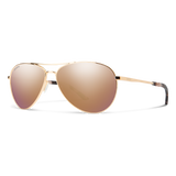 Three-quarter view of Smith Langley 2 sunglasses with rose gold frame and mirrored ChromaPop lenses on isolated background