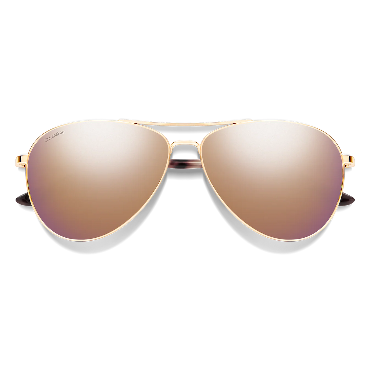 Front view of Smith Langley 2 sunglasses showcasing rose gold frame and ChromaPop polarized rose-gold mirror lenses on black background