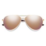 Front view of Smith Langley 2 sunglasses showcasing rose gold frame and ChromaPop polarized rose-gold mirror lenses on black background