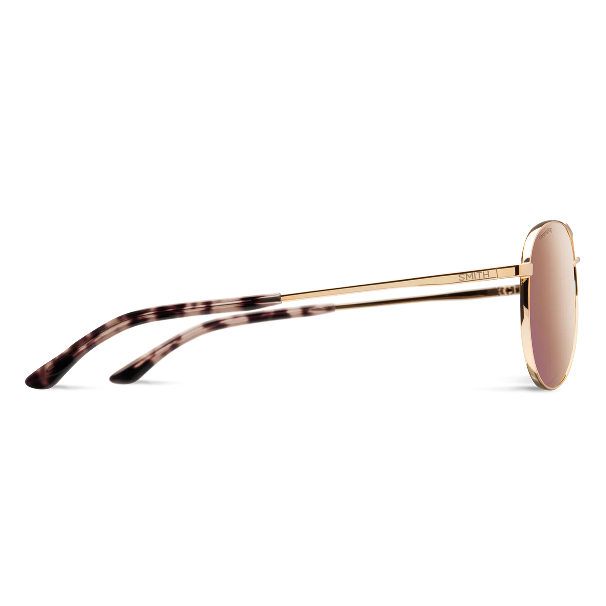 Side view of Smith Langley 2 sunglasses with rose-gold metal frame, ChromaPop polarized rose-gold lens and tortoise temple tips