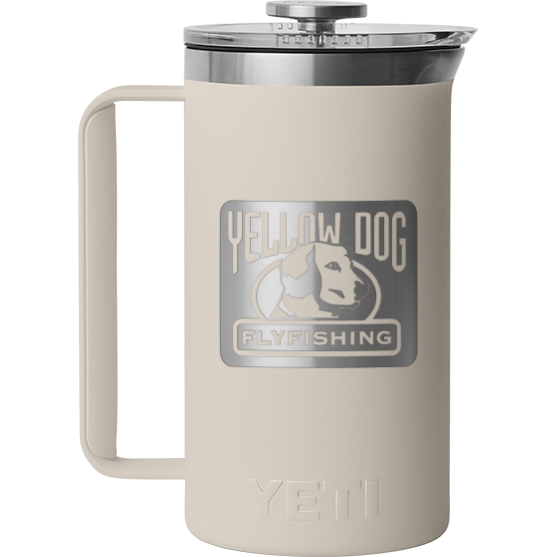 Front view of YETI Rambler French Press in Cape Taupe with handle, stainless lid, YETI name and Yellow Dog Flyfishing logo