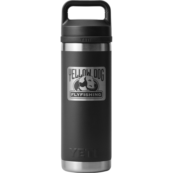 Front view of YETI Rambler 18oz Water Bottle with Chug Lid showcasing Yellow Dog Flyfishing logo